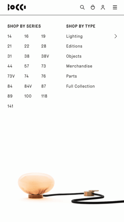 Bocci product catalog menu with series and type options, featuring modern lighting desi...